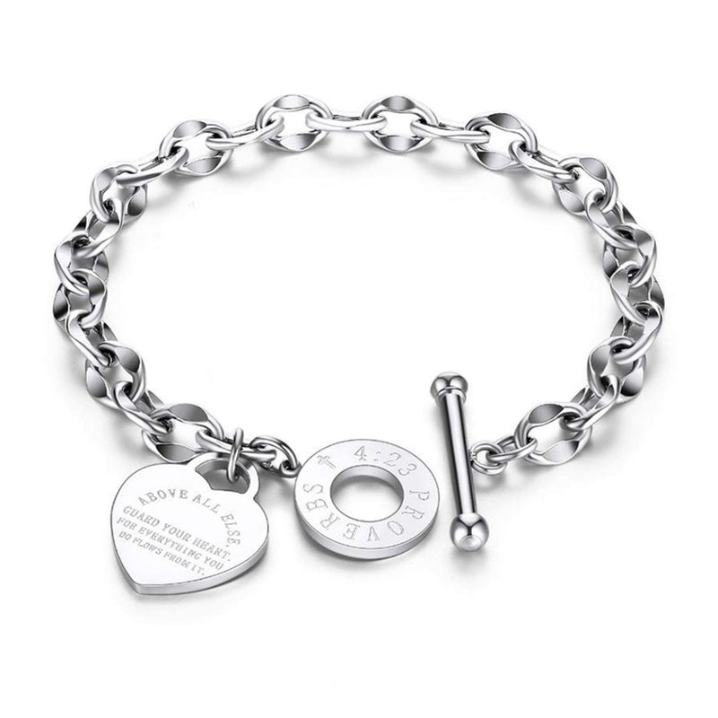 JUPPE Silver Titanium Steel Engraved Bracelet Personalized Proverbs 4:23 Bangle Gift for Women Girls (Silver) - Image 1